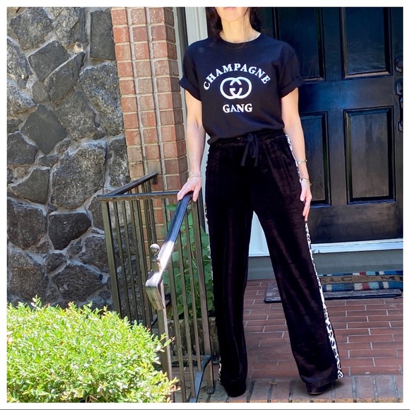 BLACK VELVET WIDE LEG PANTS W/LEOPARD SIDE TRIM - Picture 11 of 16